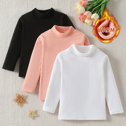 1/2/3piece Children's Autumn And Winter Warm Mid Neck Solid Color Base Casual Top T-shirt Boys And Girls Brushed Sports Pullover