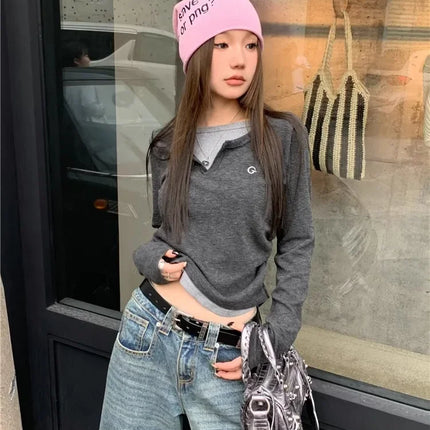2024 Autumn Winter Long Sleeves Korean Fashion Style O-neck T-shirt For Women Fake Two-Piece T-shirts Ladies Top Tee Clothes