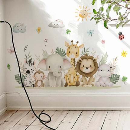 Cartoon Cute Africa Animals Leaves Wall Stickers Watercolor Elephant Giraffe Monkey Kids Room Kindergarten Home Decoration