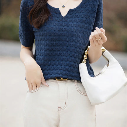 Women's T-shirt Summer New 100% Pure Cotton Tees Casual Solid Knitted Short sleeved V-neck Pullover Loose Tops Fashion Sweater