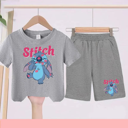 Disney Casual Children's Fashion Set T-shirt+ Shorts 2 Piece Stitch  Print  Boys Girls 3-12 Years Sports Coat Trend Party Sets