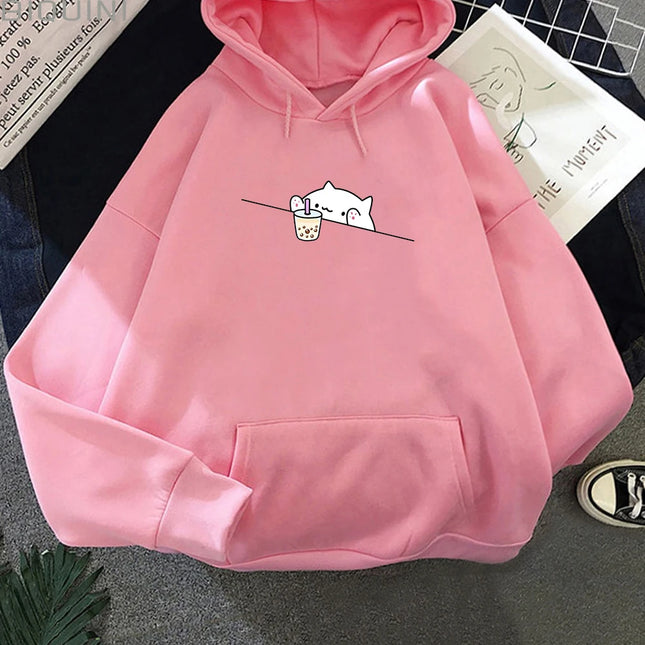 Bubble Tea Casual Pullover Hoodie Women Cartoon Female Hooded Clothes Hoodies Kawaii Cat Boba Women Sweatshirts