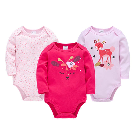 Kavkas 3 Pcs/lot Lovely Sika Deer Print Girls Clothes 100% Cotton 0-24 Months Infant Baby Romper Full Sleeve Overalls