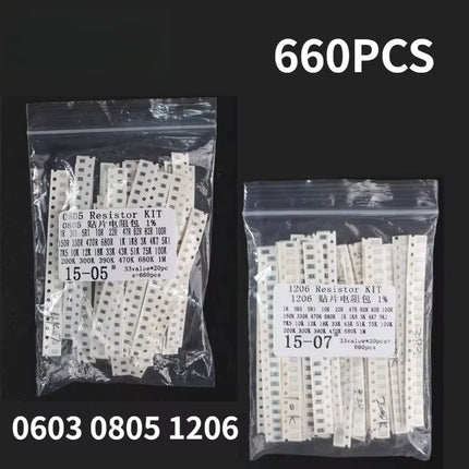 660PCS SMD Resistor Kit 0603 0805 1206 1% Resistance Assorted Kit 1 Ohm - 1M Ohm Chip Resistors Kit