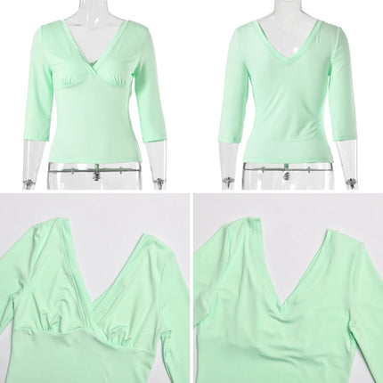 Absobe Women Sexy Deep V Mid Sleeve Top Minimalist Solid Color Sexy Y2K Slim Casual Tee 2026 Spring Summer Outfit Streetwear