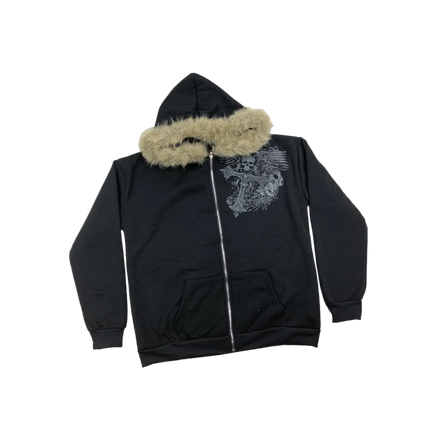 European and American Y2K fuzzy hat hoodie printed pattern long sleeved pullover hoodie retro jacket street trend