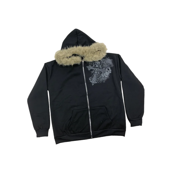 European and American Y2K fuzzy hat hoodie printed pattern long sleeved pullover hoodie retro jacket street trend