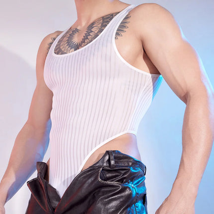 o neck Mens transparent Striped Comfortable Sleeveless High Cut Underwear Tank Tops Bodysuits Lingerie Man tights Vest Club wear