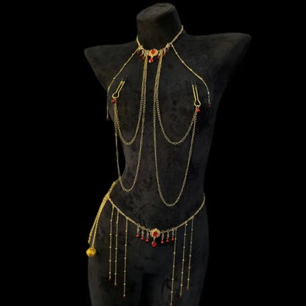 Red Gem Nipple Clamps Body Chain Integrated Breast Clips Bell Pendants Sensual Body Restraint Sexy Accessories Adult Sex Toys