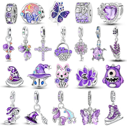 925 Sterling Silver Inlaid Heart-Shaped Beads & Rose Dangle Charm Fits Snake Bracelet Boutique Necklace Purple Pendant Gift