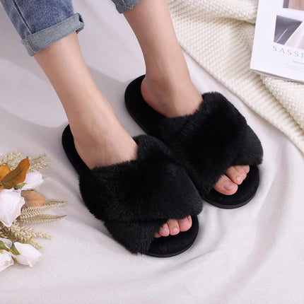 Evshine Women Fuzzy Slippers Fashion Cross Band Memory Foam House Slippers Indoor Outdoor Open Toe Plush Slides Casual Flat Shoe