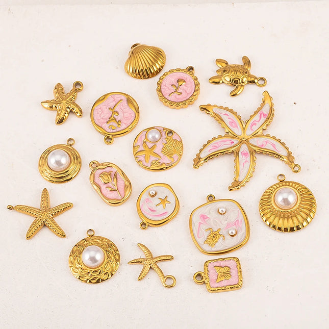 2pcs Gentle Pink Enamel Stainless Steel Charms Rose Flower Starfish Butterfly Necklace Pendant Women DIY Earring Jewelry Making