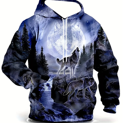 Vintage Men's Hoodie 3d Print Wolf Tops Fashion Animal Wolf Graphics Long Sleeve Hoodie Men's Top Oversized Streetwear Tees