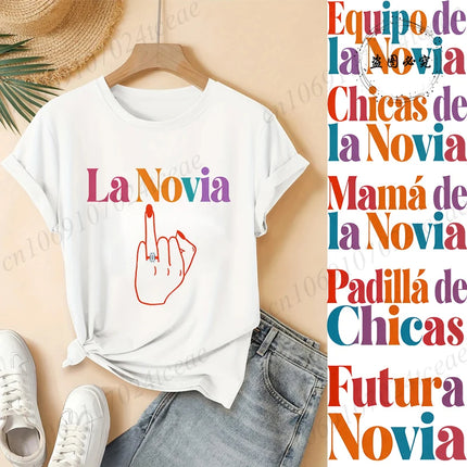 Women's Casual Short Sleeve T-Shirt Spanish Girl Bachelorette Party Graphic T-Shirts- Black White, Medium Stretch Round Neck