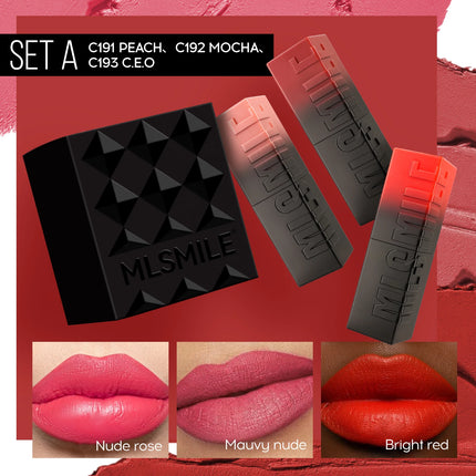 3-Piece Embossed Matte Lipstick Set, Long-Lasting and Hydrating, Easy Application for a Natural Look, Smooth Velvet Matte Finish