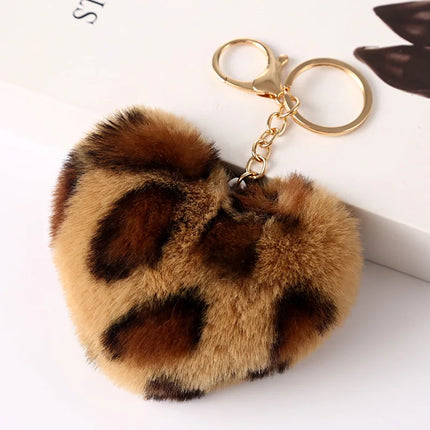 New Heart Plush Hair Ball Keychain Women Leopard Pompom Love Car Key Chain Bags Pendant Hairball Key Rings Jewelry llaveros 키링
