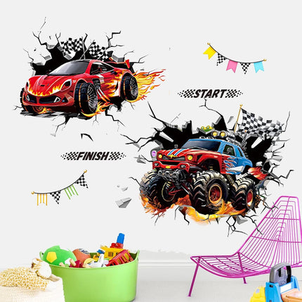 3D Racing Car Wall Decals for Kids Room Monster Truck Break Through Wall Sticker Peel Decal for Baby Boys Bedroom Playroom Decor
