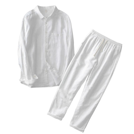 White Premium Cotton Linen Shirt Pants Outfits Men's Linen Sets 2 Piece Long/Short Sleeve Shirts Yoga Pants Beach Wedding Suits