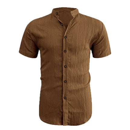 2026 New Men Vertical Wrinkle Textured Mandarin Collar Short Sleeve Button Shirt Loose Fit Summer Beach Travel Daily Casual Top