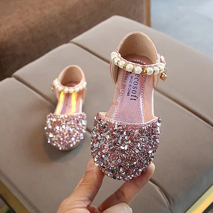 Summer Girls Shoes Bead Mary Janes Flats Fling Princess Shoes Baby Dance Shoes Kids Sandals Children Wedding Shoes Gold