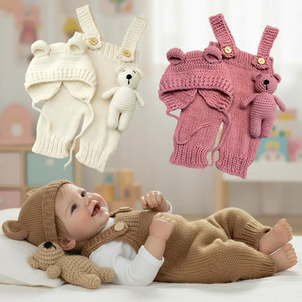 3pcs/sets Newborn Cute Bear Photography Clothing Hand-woven Romper Pants Hat Dolls Decor Props Baby Photoshoot Outfits