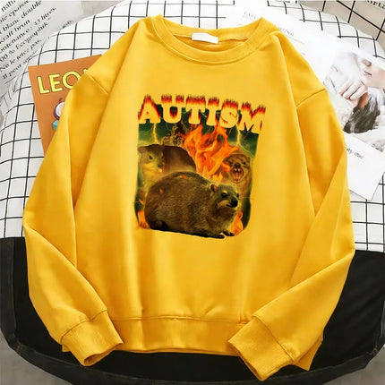 Y2k Vintage Autism Animals Hoodies Basic Warm Fleece Sweatshirt Soft Breathable O-Neck Pullover Casual Female Clothes