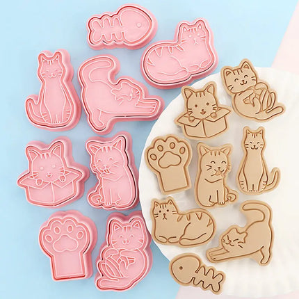 8Pcs/set Cat Cookie Cutters Plastic 3D Cartoon Pressable Biscuit Mold Cookie Stamp Kitchen Baking Pastry Bakeware Tool
