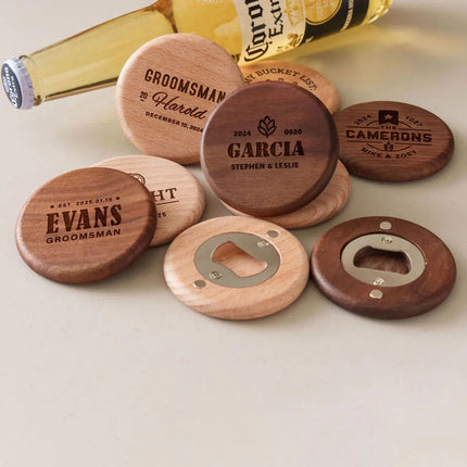 Personalised Logo Round Wooden Beer Bottle Opener with Magnetic Fridge Magnet, Wedding Gift