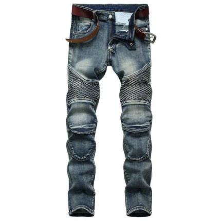 2025 New European and American style jeans, men's Amazon riding knee pads, retro motorcycle jeans, slim-fit trendy men's jeans