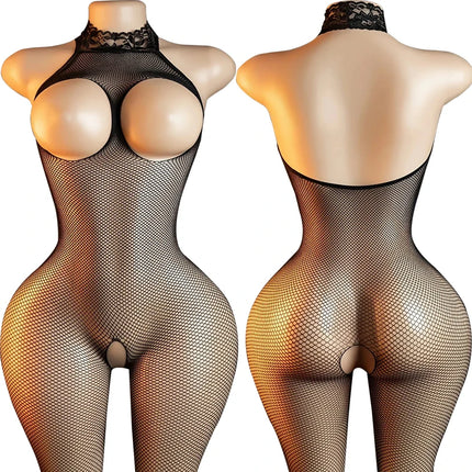 Off Shoulder Open Crotch Underwear Set Black Fishnet Hollow Bodystockings Sexy Crotchless Lingerie Women Erotic Teddy Bra Sets