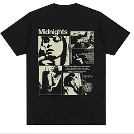 Album Book Graphic T Shirt With Midnights Red Floral Cat Elements Designs, Stylish Casual Short Sleeve Tee For Daily Wear