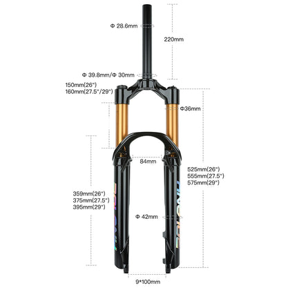 BOLANY Bike Fork MTB Air Fork 36mm Stanchion 160mm Trave Boost Air Suspension 9x100mm QR 15x110mm Bicycle Fork 26/27.5/29inch