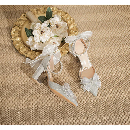 Spring Pointed Toe Party Wedding Shoes for Women, Bride Bow Thick Heel Silver Sequin Fairy Lolita Style Single Shoes