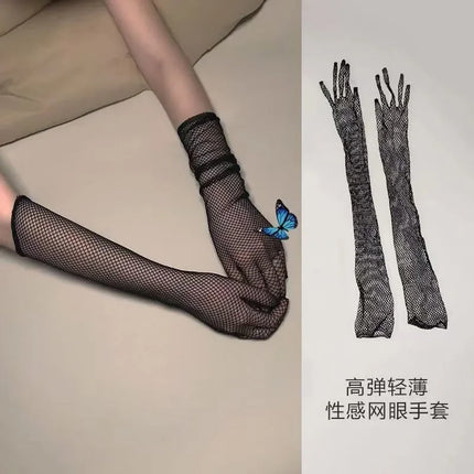 Women Sexy Black Fishnet Mesh Long Gloves Nylon High Elastic Full Finger Lace Hand Gloves Party Stage Exotic Costume Oversleeves