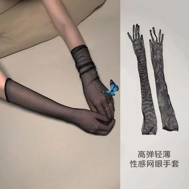 Women Sexy Black Fishnet Mesh Long Gloves Nylon High Elastic Full Finger Lace Hand Gloves Party Stage Exotic Costume Oversleeves
