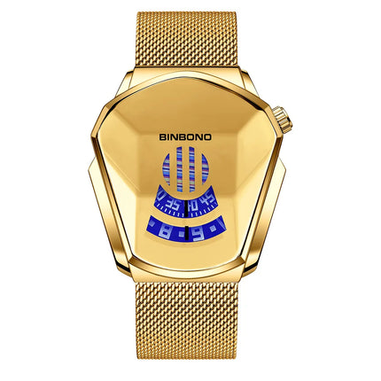 BINBOND Men Popular Fashion Motorcycle Concept Quartz Watch Luminous Steel Band Mesh Watch Touch Screen Black Technology Watch