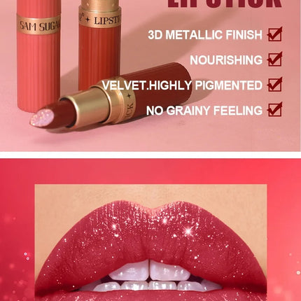Nude Pink Luxurious Metallic Glitter Lipstick Long-Lasting Waterproof Non-Fade Shimmery Pearl Sparkling Brown Lip Gloss Makeup