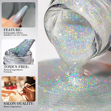 Holographic Nail Polish with Rainbow Glitter - 7ml Laser Chrome Nail Lacquer, Multicolor Shift Effect, 8color DIY Art Nail Salon
