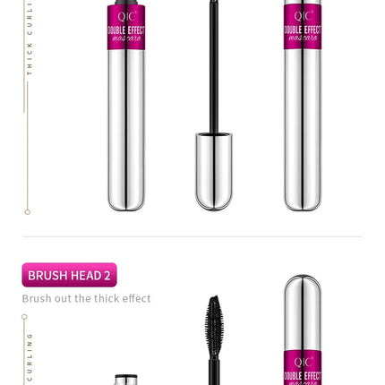 QIC Double Effect 4D Mascara Waterproof Long Curl Natural Thick Eyelash 2-in-1 Black Mascara with 2 Brush Heads