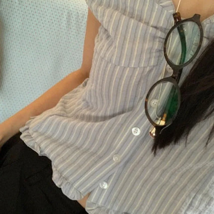 Korean Sle ort Striped Vest Women Summer Outerwear Subtle Design Single Button Lobone Trendy Age-Defng Top