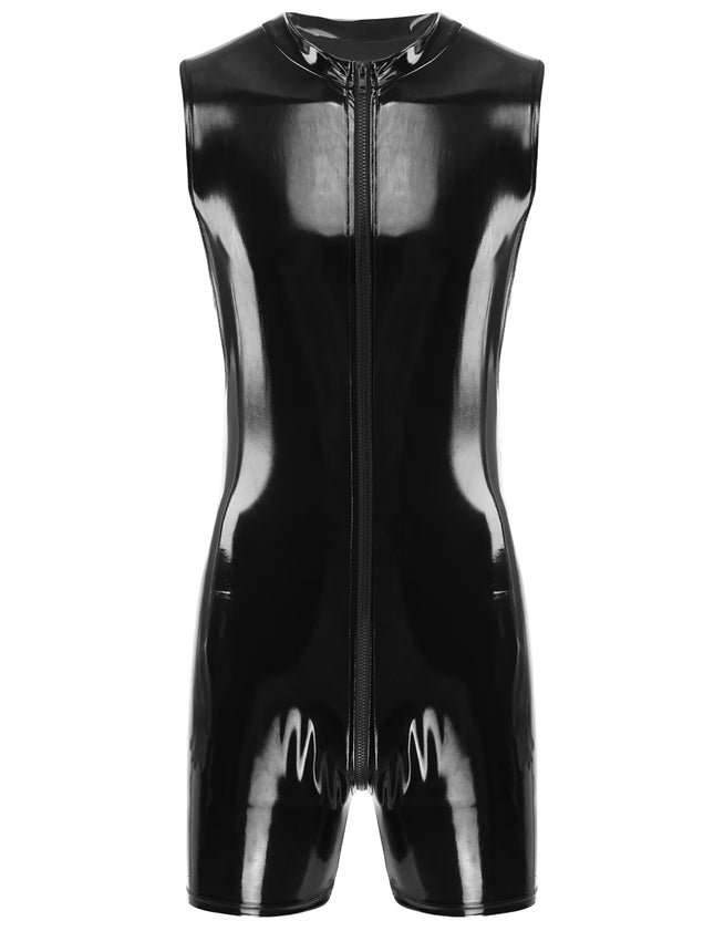 Men's Male Latex Catsuit Wet Look Patent Leather Bodysuit Long Sleeve Romper Zipper Crotch Jumpsuit Underwear Club Stage Costume