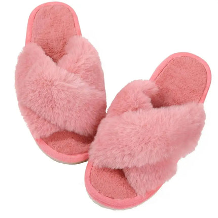 Evshine Women Fuzzy Slippers Fashion Cross Band Memory Foam House Slippers Indoor Outdoor Open Toe Plush Slides Casual Flat Shoe