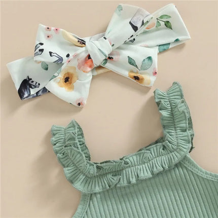 0-18months Baby Girl 3pcs Shorts Outfits Off Shoulder Romper Tops Bull Print Short Pants Head Band Infant Girls 3pcs Clothes Set