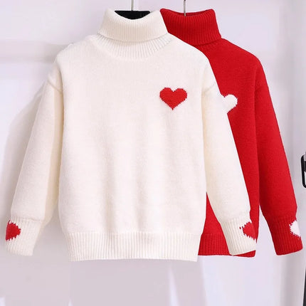 Girls' High Neck Velvet Winter Collection Children's Love Knitted Top Girls' Winter Thick Base Knitted Sweater