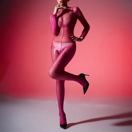 Women Sexy Jumpsuit Socks Oil Glossy Transparent Open Crotch Stockings Ultra Elastic Ultra-Thin Pantyhose See-Through Underwear