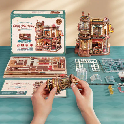 ROKR Dream Coffee Factory 3D Wooden Puzzles Wooden Music Box Christmas Wooden Model Kits Build Best Gifts for Kids Adults EAB02