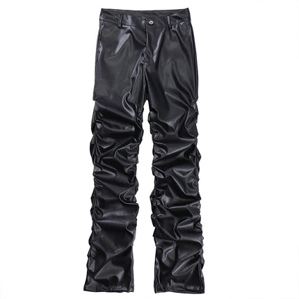 Hip Hop Mens Pleated Pu Leather Pants Harajuku Retro Streetwear Loose Ruched Casual Trousers Straight Solid Color Black Pants