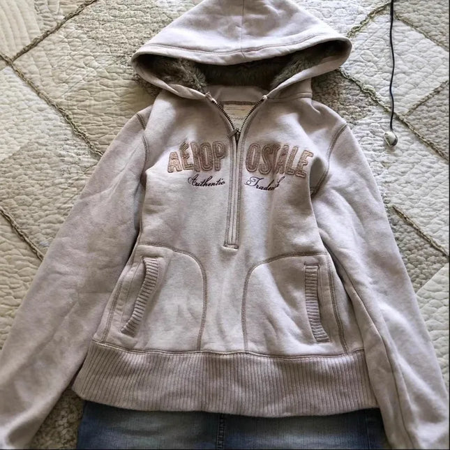 High Street Autumn Winter American Half Zip Hoodies Harajuku Y2k Punk Letter Print Vintage Sweatshirts Harajuku Casual Tops