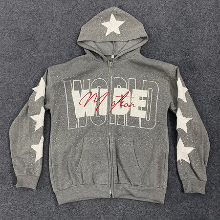 American Casual Sweatshirt Letters Patchwork Women Hoodies Autumn Winter High Street Stars Rhinestone Print Harajuku Zipper Top