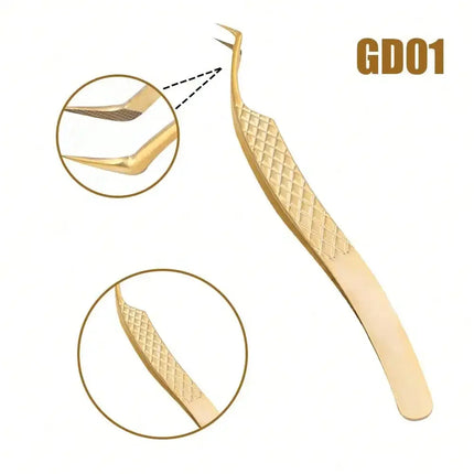 GEMERRY Golden Fiber Tips Eyelashes Tweezers Extension Stainless Steel Tweezer for Volume Fans Professional Tools